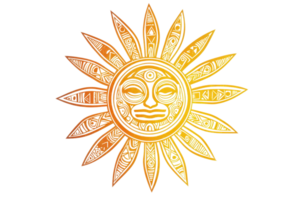 A stylized sun emblem featuring intricate patterns and a central face, radiating elongated triangular rays. png