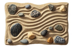 A serene arrangement of stones atop gently rippled sand, creating a calming visual reminiscent of nature's harmony. png
