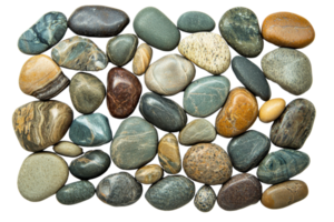 A collection of smooth, colorful stones arranged closely together, showcasing various shapes and patterns. png
