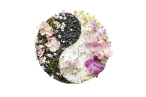 A circular design featuring a yin-yang symbol composed of flowers and dark stones, representing balance and harmony in nature. png