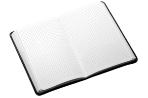 An open notebook with dotted pages, showcasing its interior layout and blank spaces for writing or drawing. png