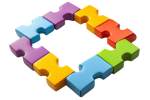 Colorful interlocking puzzle pieces arranged in a square shape, showcasing various bright colors and playful design. png