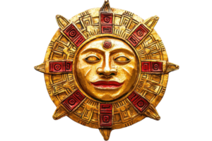 A golden sun emblem featuring a stylized face, adorned with red accents and intricate patterns. png
