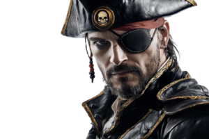 A fierce pirate with an eye patch and a skull emblem on his hat, exuding a bold and adventurous persona against a dark background. png