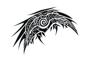 An intricate design featuring swirling patterns and sharp, feather-like elements in a dark color scheme. png