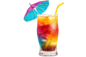 A vibrant cocktail served in a glass with layers of colorful liquids, ice, a straw, and a small umbrella. png