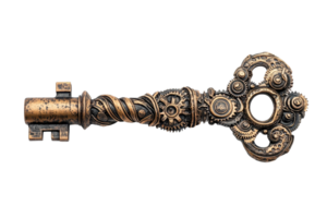 An ornate, vintage key featuring intricate gear designs and a metallic finish, symbolizing mystery and craftsmanship. png