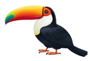 A colorful toucan with a large, vibrant beak and sleek black feathers, standing with a playful posture. png