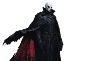 A mysterious figure in a dark cloak with a pale face, exuding an aura of power and intrigue. png