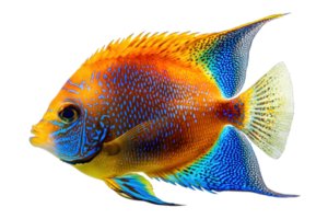 A brightly colored fish showcasing vibrant blue, orange, and yellow hues with intricate patterns on its body and fins. png