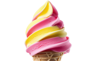 A colorful swirl of soft serve ice cream in pink and yellow, served in a waffle cone. png