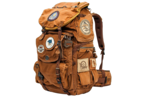 A rugged, orange backpack adorned with various patches and multiple compartments, ideal for outdoor adventures and travel. png