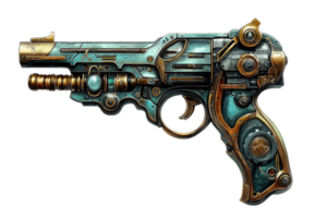 A steampunk-style pistol featuring intricate detailing, metallic elements, and a unique color scheme of teal and bronze. png