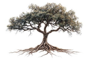 A large, majestic tree with intricate roots and a broad canopy, showcasing vibrant foliage and a sturdy trunk. png