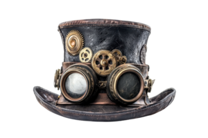 A vintage steampunk hat adorned with gears and goggles, showcasing intricate details and a unique design. png