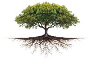 A lush green tree with a broad canopy and extensive roots, symbolizing growth and stability. png