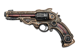 A detailed, ornate pistol featuring intricate designs and vivid colors, showcasing a unique blend of classic and futuristic elements. png