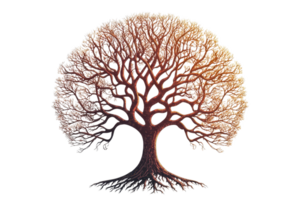 A stylized, intricate tree with a complex structure of branches and roots, showcasing a blend of colors and artistic design. png