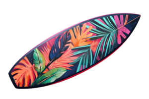 A vibrant surfboard adorned with colorful tropical leaf patterns, showcasing a lively and artistic design. png