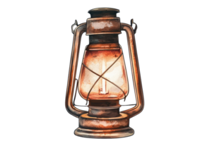 An antique lantern with a glowing light, featuring a classic design and rustic metal detailing. png