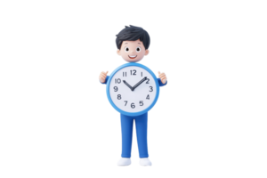 A cheerful cartoon character holding a large clock, emphasizing the importance of time. png
