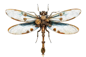 A steampunk-inspired insect featuring metallic components, intricate gears, and detailed wings, showcasing a fusion of nature and machinery. png