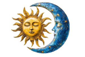 A vibrant sun and a serene moon face intertwined in a harmonious design, showcasing celestial themes. png