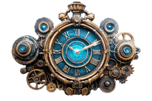 A detailed, vintage clock adorned with intricate gears and a blue face, showcasing a blend of steampunk aesthetics and precision craftsmanship. png