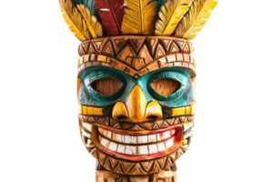 A colorful carved mask adorned with feathers, showcasing intricate patterns and a smiling face. png