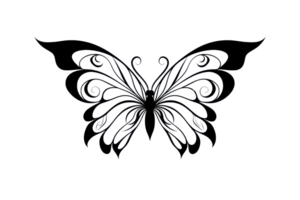 A detailed black silhouette of a butterfly, showcasing intricate swirls and patterns on its wings. png