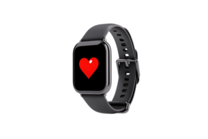 A sleek smartwatch displaying a red heart icon on its screen, symbolizing health monitoring and fitness tracking. png