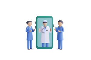 A digital representation of three healthcare professionals, with one wearing a doctor's coat and stethoscope, framed by a device. png
