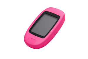 A vibrant pink handheld device featuring a black screen and buttons, designed for personal use. png