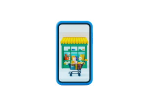A colorful storefront with a yellow awning and a shopping cart filled with various items. png