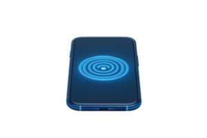 A sleek smartphone displays a glowing blue circular pattern on its screen, indicating a wireless charging feature. png