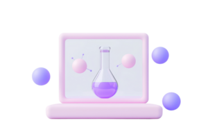A digital illustration of a laptop displaying a purple laboratory flask, surrounded by colorful molecular spheres. png