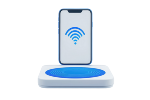 A smartphone displaying a wireless signal icon placed above a charging pad with a blue design. png