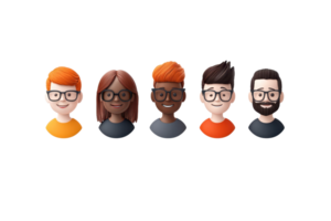 Five diverse cartoon avatars with varying hairstyles and accessories, showcasing different skin tones and glasses. png