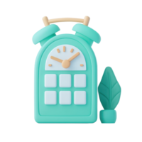 A mint green alarm clock with a simple design, featuring a round clock face and two bell-shaped alarms on top, accompanied by a small green leaf. png