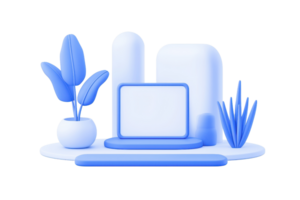 A modern, minimalist display featuring a laptop, geometric shapes, and decorative plants in a cool blue color palette. png