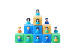 Colorful blocks arranged in a pyramid shape, featuring various human figures on top, representing teamwork or community. png