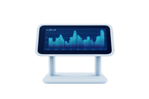 A sleek display screen shows a digital graph with audio waveforms in vibrant blue tones. png