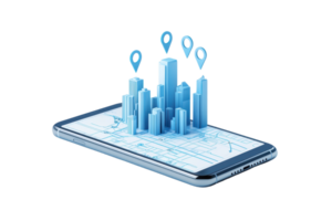 A smartphone displays a 3D cityscape with multiple location markers, emphasizing urban navigation and mapping technology. png