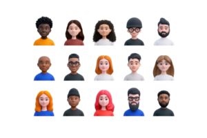 A collection of diverse 3D character avatars featuring various hairstyles, skin tones, and expressions. png