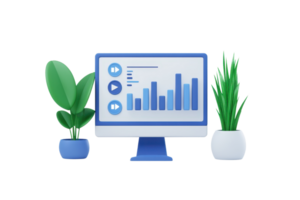 A computer monitor displays data visualizations alongside decorative potted plants, creating a modern workspace atmosphere. png
