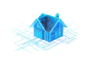 A futuristic digital representation of a house, showcasing advanced technological elements and a blueprint design. png