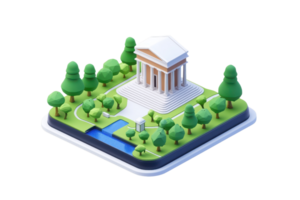 A stylized architectural model featuring a classic temple surrounded by trees and a small water feature. png