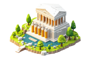 A stylized ancient temple with columns, surrounded by trees and water, showcasing classical architecture in a vibrant, cartoon-like design. png