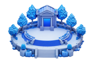 A stylized, blue monument featuring a staircase, columns, and surrounding trees, creating a serene and artistic gathering space. png