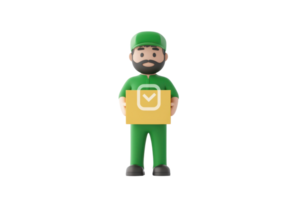 A cheerful delivery worker in green attire holds a package with a checkmark symbol, symbolizing successful delivery. png